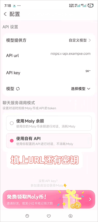 lovemo 聊天服务调用模式：使用 Moly 余额 / 使用自有 API 两个选项
